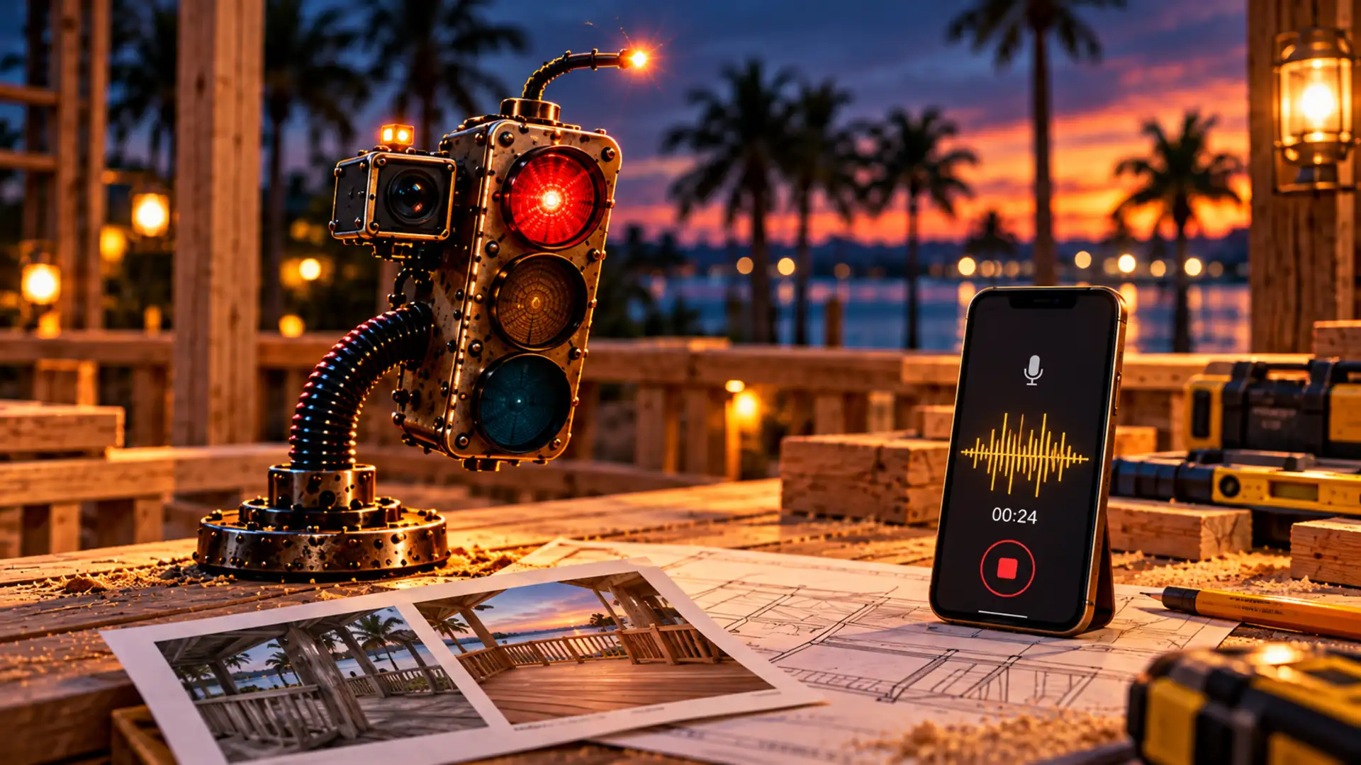 Sparky listening as a voice note is recorded on a portrait phone beside photos and plans; the red lens is lit