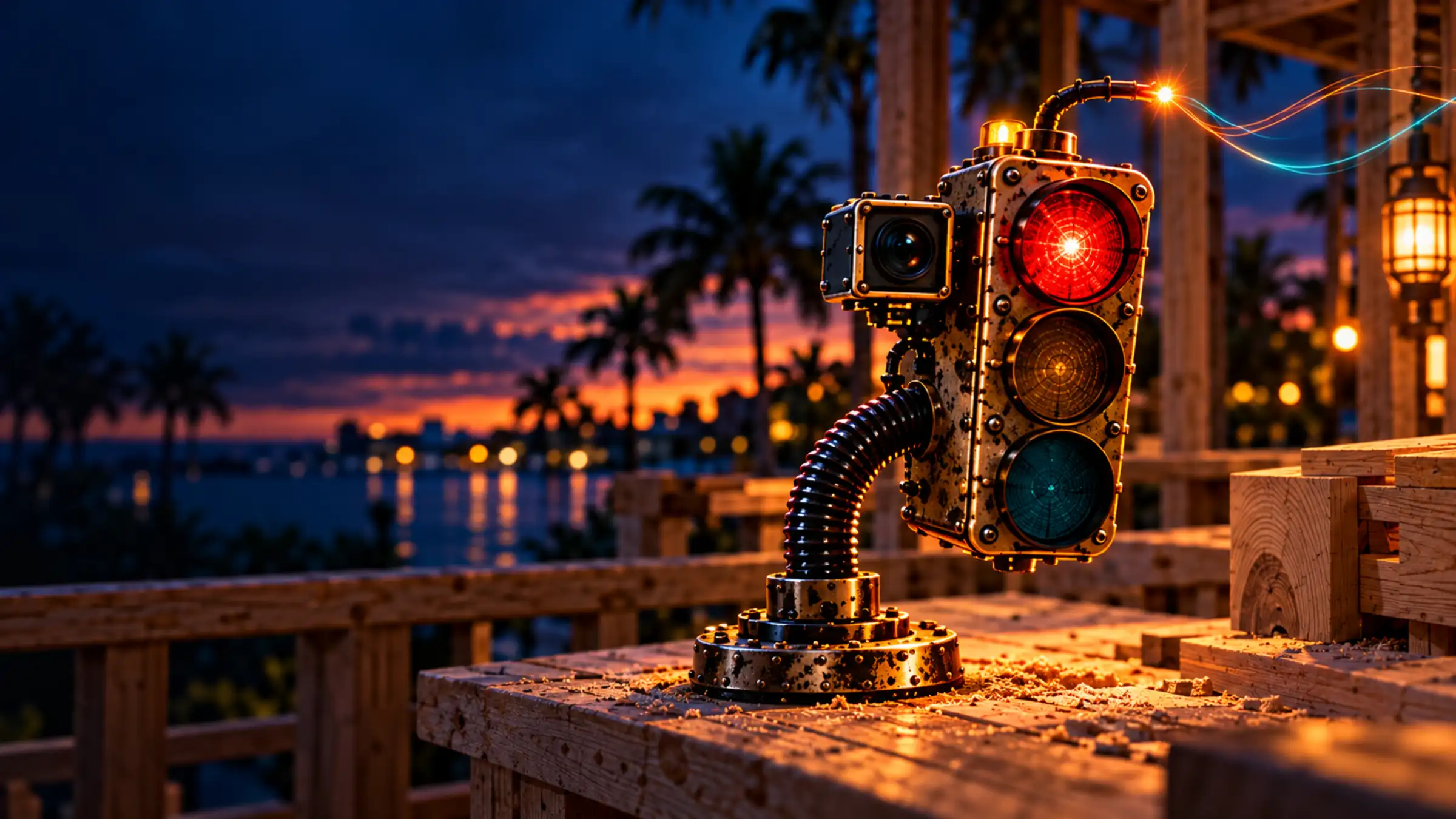 Sparky, a brass signal-light character with a side camera, on a weathered wooden dock at dusk with city lights across the water