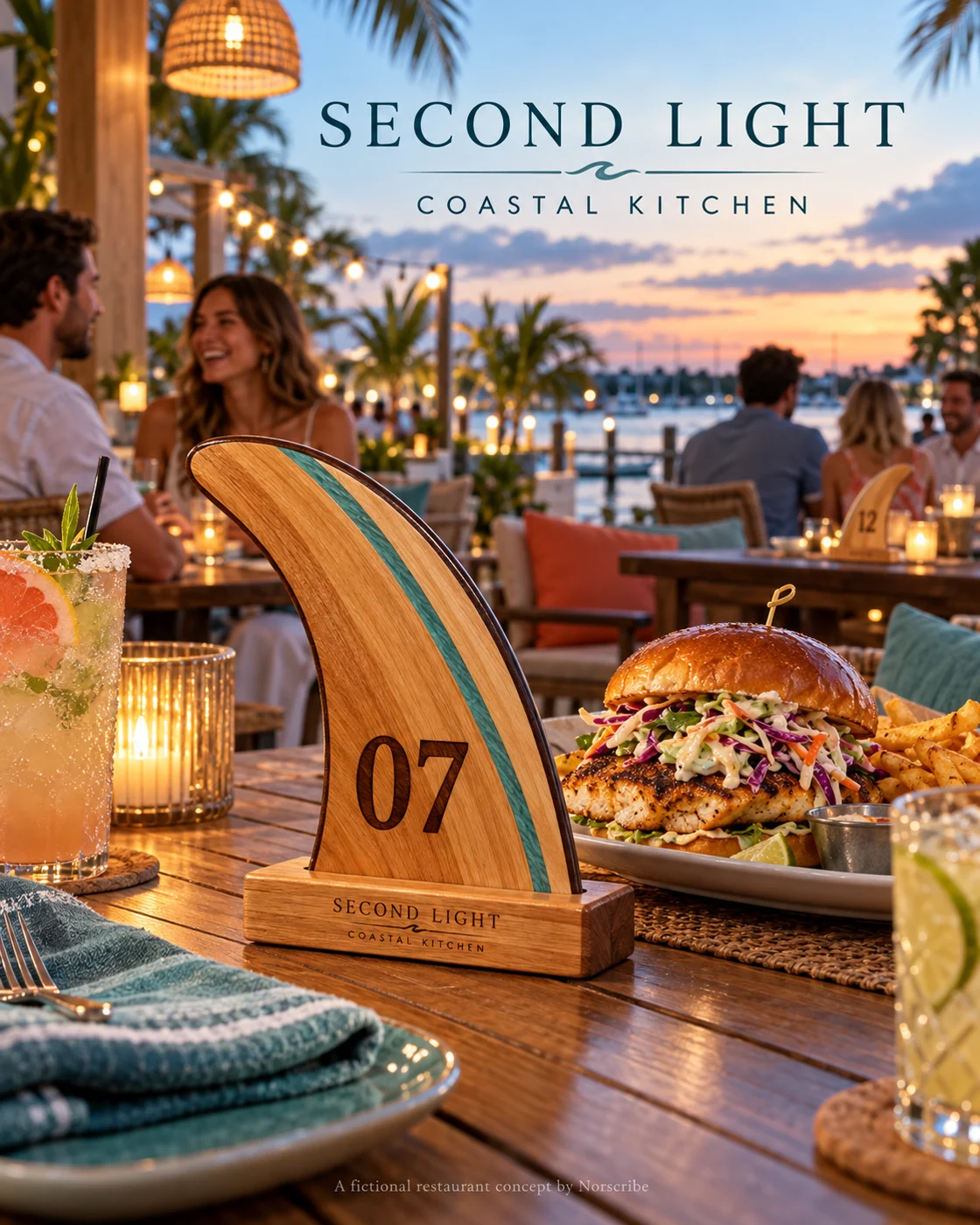 A numbered wooden surf fin with a teal stripe on a restaurant table