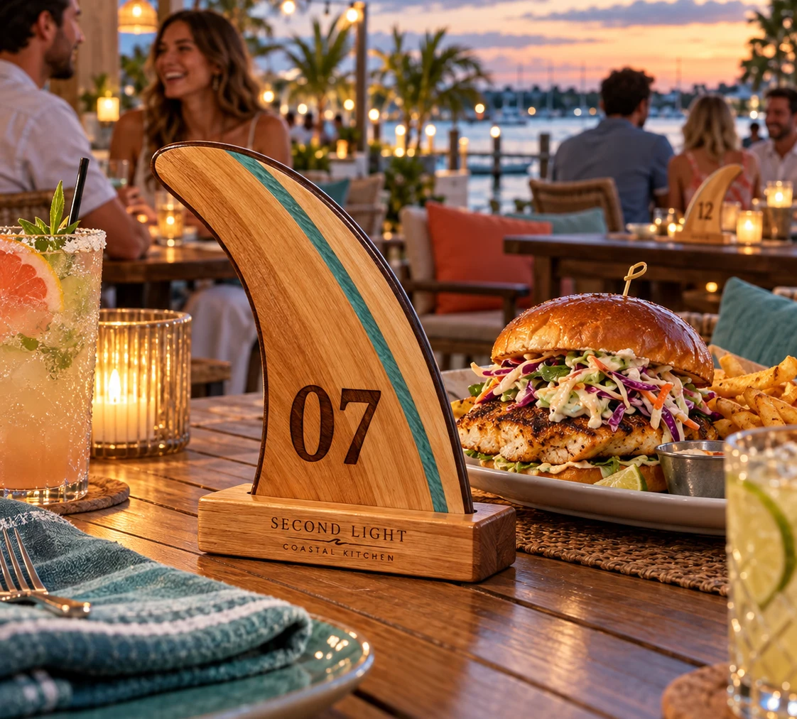 A handcrafted wooden surf fin marks a table beside a fish sandwich on a lively waterfront terrace at sunset